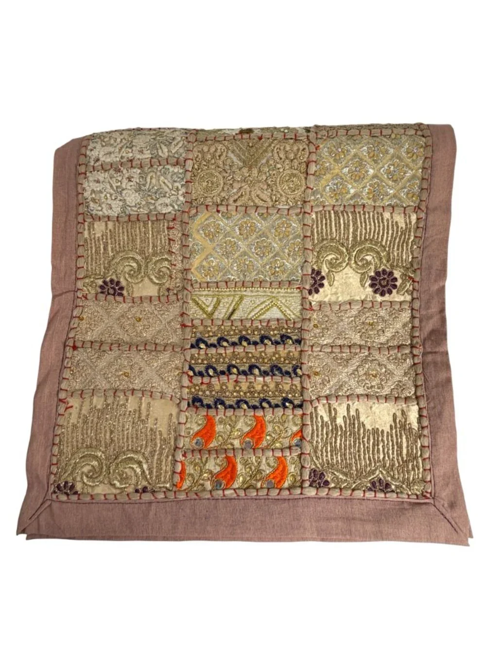 Patchwork Embroidered Table Runner Gold & Red Floral Bohemian Decor 72x16.5